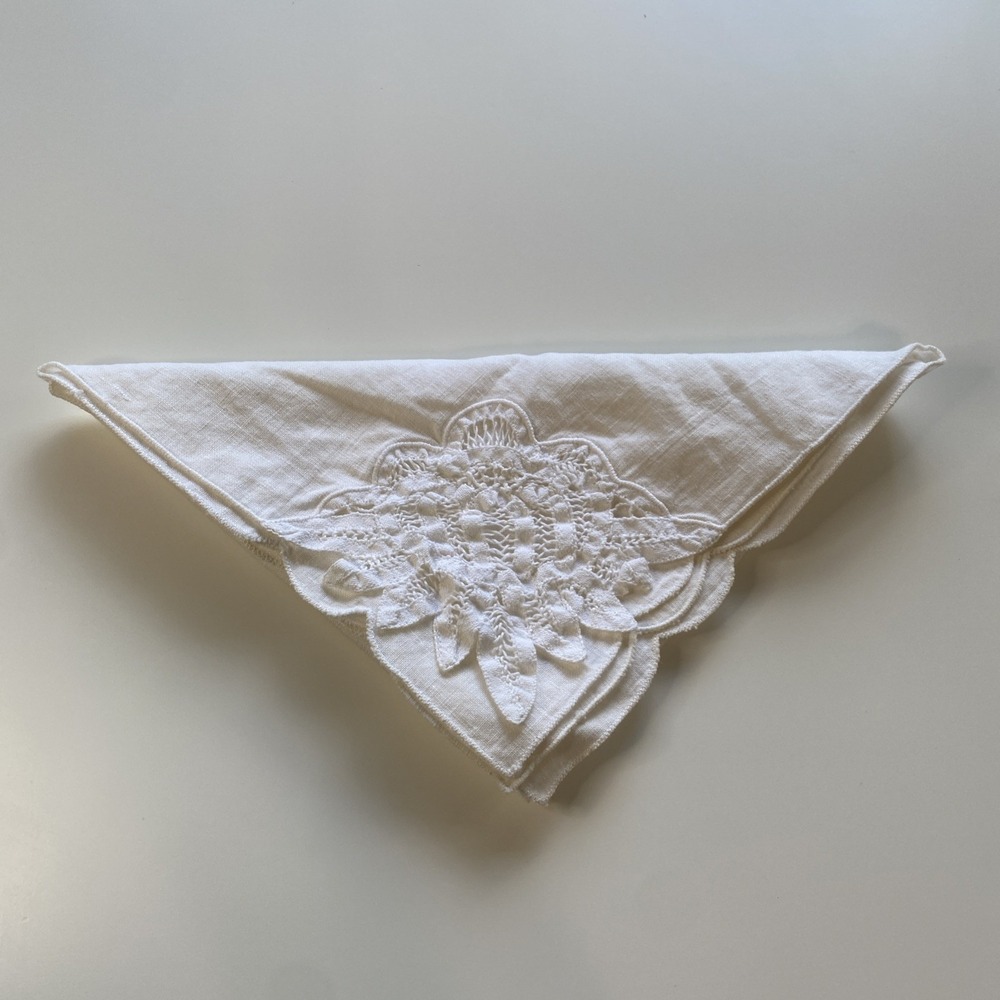 Vintage White Linen/Cotton Bread Basket Liner 15.5"x15.5" Crochet Lace Cottage